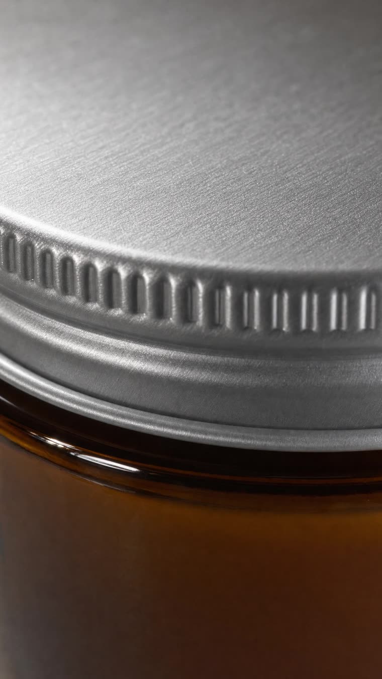 Macro frame of a brushed aluminium jar lid, light raking across the metal grain.